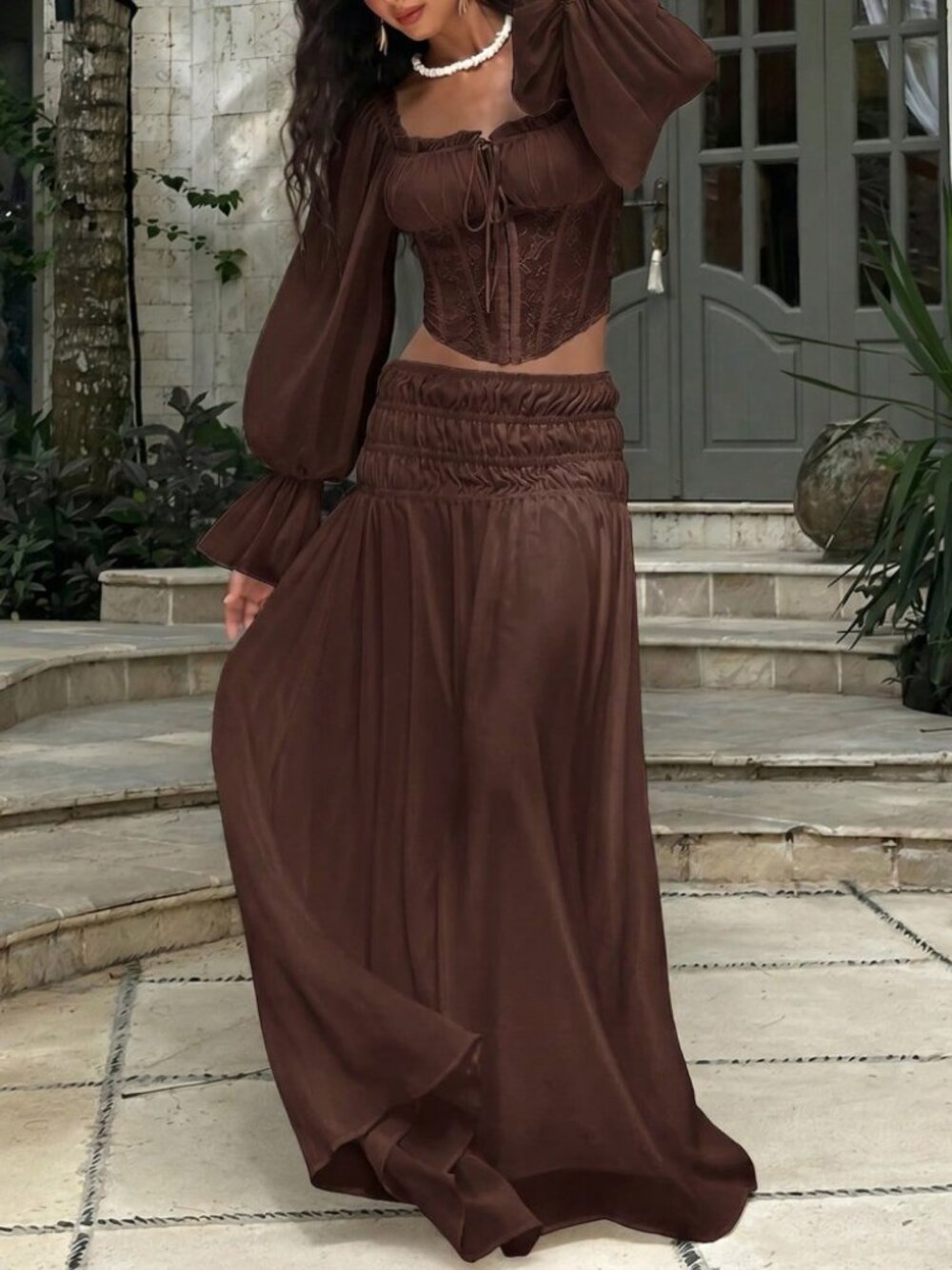 Brown Woven Maxi Skirt with Shirred Waist